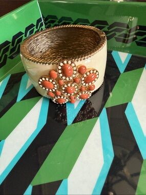 Stella & Dot Vintage Coral Beaded Ivory Statement Cuff Bracelet
